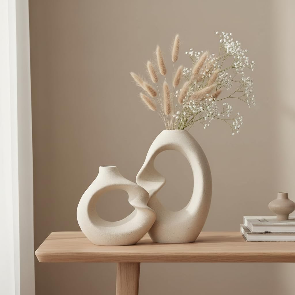 PUREZENTO Unique Beige Ceramic Donut Vase 8.5 & 5.7 Inch - Set of 2 | Decorative Donut Vase for Dried Flowers & Pampas Grass | Vases for Modern Home Decor, Living Room, Office Decor Ideas - Image 2