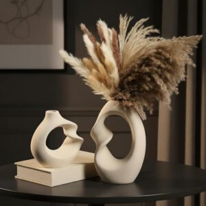 PUREZENTO Unique Beige Ceramic Donut Vase 8.5 & 5.7 Inch - Set of 2 | Decorative Donut Vase for Dried Flowers & Pampas Grass | Vases for Modern Home Decor, Living Room, Office Decor Ideas