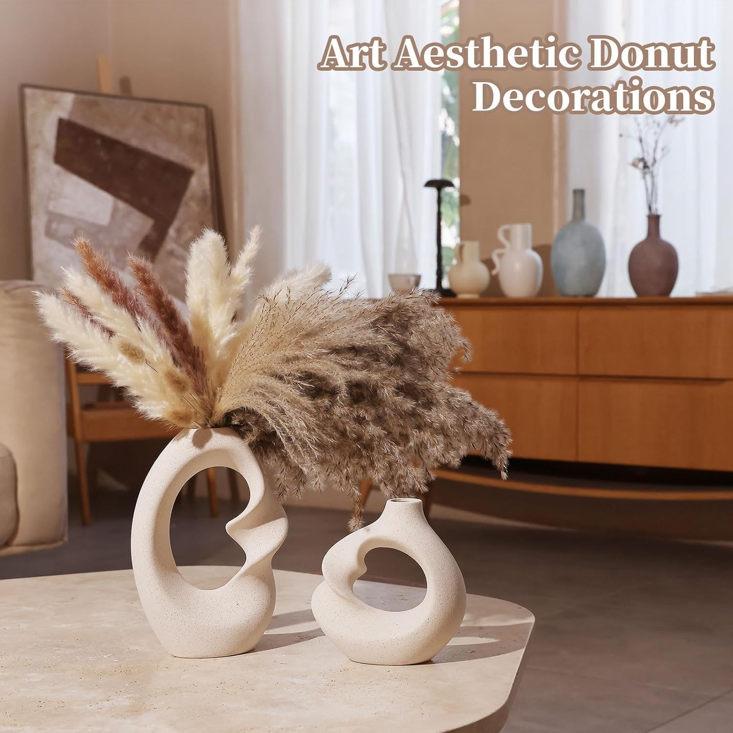 PUREZENTO Unique Beige Ceramic Donut Vase 8.5 & 5.7 Inch - Set of 2 | Decorative Donut Vase for Dried Flowers & Pampas Grass | Vases for Modern Home Decor, Living Room, Office Decor Ideas - Image 5