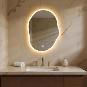 Organic Shaped Glass | 18 X 24 Inch Wall-Mounted Led Mirror with Smart Sensor | 3-Color Light (Warm, White, Natural), Wavy