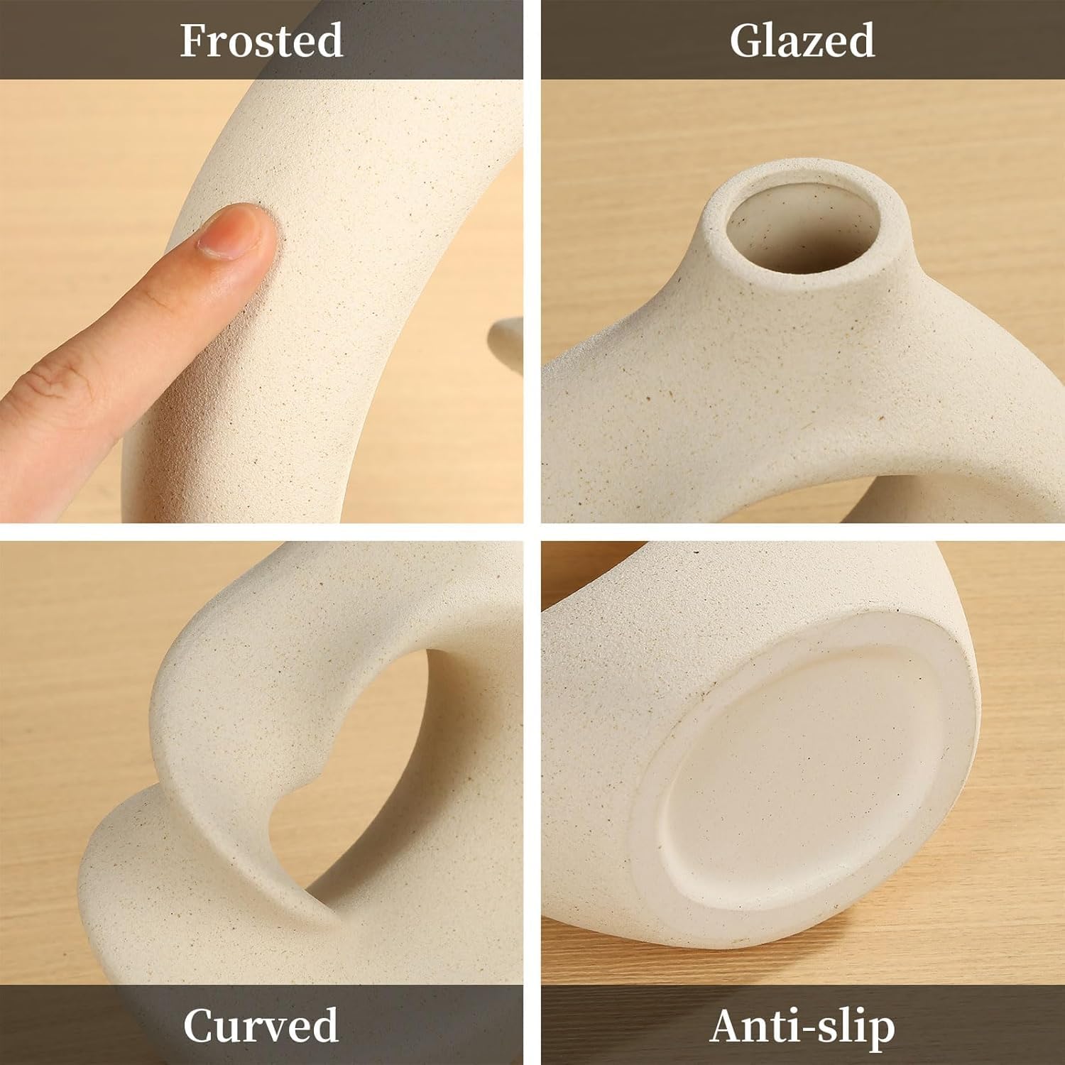 PUREZENTO Unique Beige Ceramic Donut Vase 8.5 & 5.7 Inch - Set of 2 | Decorative Donut Vase for Dried Flowers & Pampas Grass | Vases for Modern Home Decor, Living Room, Office Decor Ideas - Image 4