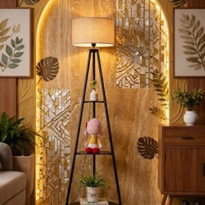 Metal Floor Lamp with 3 Shelves (Jute) Stylish Standing Lamp for Living Room Decoration Bedroom Bedside Corner Stand Aesthetic Home Decor